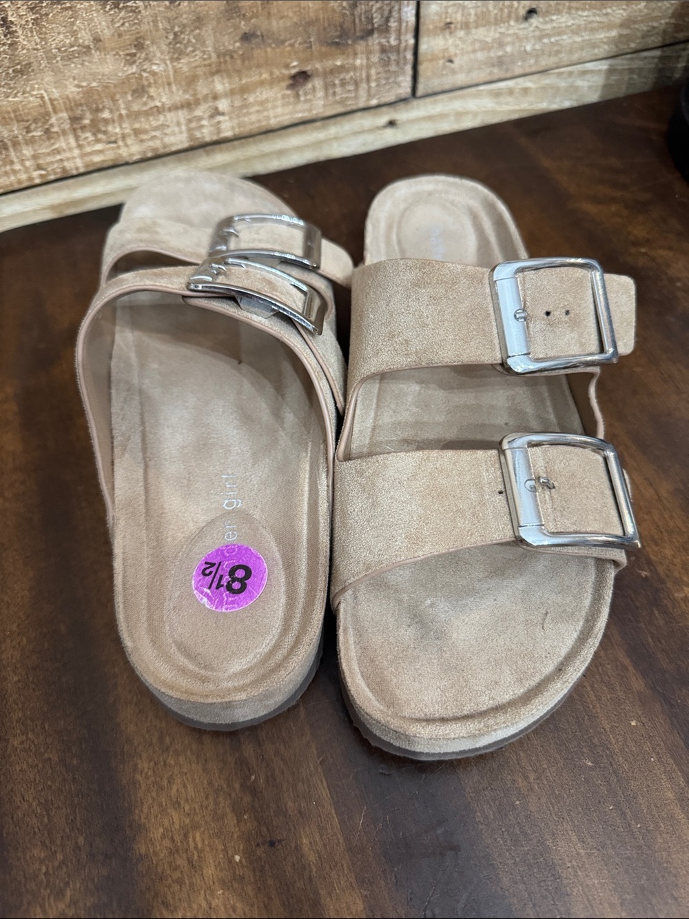 Madden Girl Double Buckle Suede Slide Sandals in Taupe - Picture 2 of 5